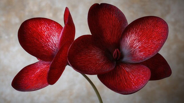 Close-up of two deep crimson flowers, petals textured with subtle striations, on a light taupe background - Powered by Adobe