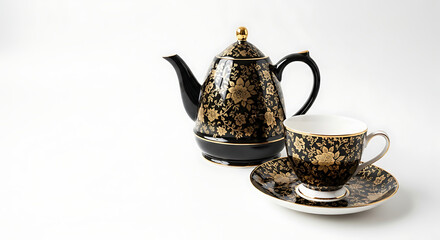 Elegant black tea set featuring intricate gold floral patterns, showcasing luxury and refined taste.
