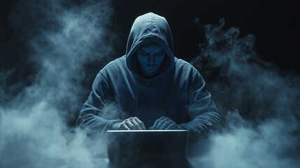 Mysterious Hacker In Hoodie Using Laptop In Dark Room: Cybersecurity Concept With Digital Smoke And Hacking Interface On Background