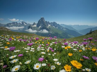 Wildflowers bloom brilliantly in a mountain meadow with stunning snow-capped peaks against a vibrant blue summer sky.