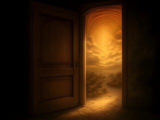 Illustration of a half-open wooden door, with natural sunlight and clouds shining through. Concept of dreams and fantasy.