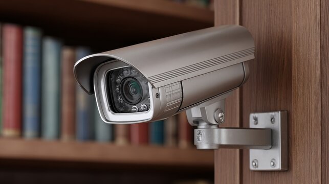 Surveillance camera embedded in book spine on shelf home library security system indoor environment close-up viewpoint wireless ip camera concept