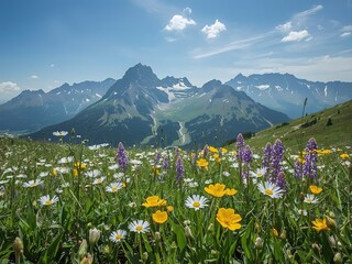 Idyllic mountain vista displays vibrant wildflowers against rugged peaks and a blue sky providing a captivating nature scene.