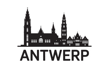Fototapeta premium Antwerp Skyline Silhouette Illustration A Detailed Cityscape Design with Prominent Landmarks and Bold Typography Showcasing a European City