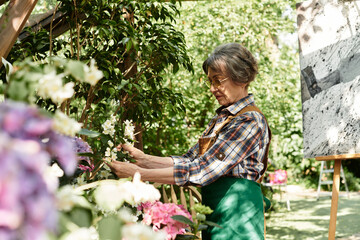Senior woman tending to vibrant flowers in a serene garden setting surrounded by greenery