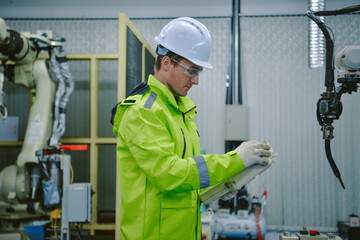 Robotic machine enginee is testing the operation of the robot arm manufacturing machine.