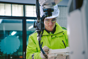 Robotic machine enginee is testing the operation of the robot arm manufacturing machine.