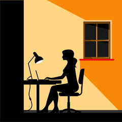 Silhouette of a woman working at a desk with a laptop and lamp, near a window in a room.