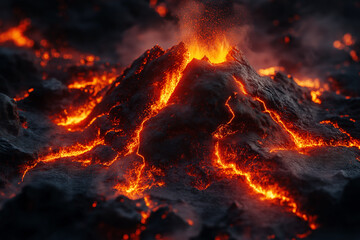 Fiery Molten Lava Flowing Through Cracked Earth: Intense Natural Scene Of Glowing Magma Surrounded By Dark Smoke And Volcanic Ash Under Dramatic Sky