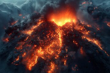 Fiery Molten Lava Flowing Through Cracked Earth: Intense Natural Scene Of Glowing Magma Surrounded By Dark Smoke And Volcanic Ash Under Dramatic Sky