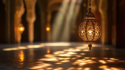 Ornate lantern, warm light, ancient interior