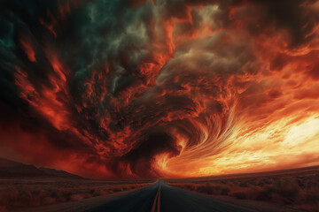 Dramatic Supercell Thunderstorm Illuminated By Fiery Sunset: Massive Spiral Cloud Formation Over Vast Rural Landscape With Intense Colors And Powerful Atmospheric Phenomenon