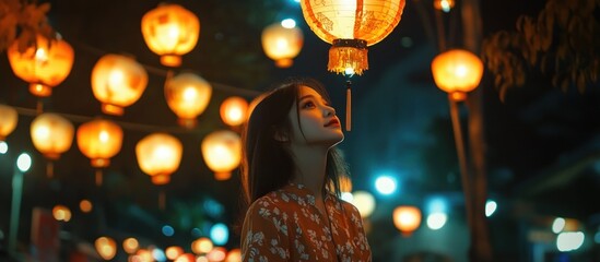 Woman gazing at lanterns at night