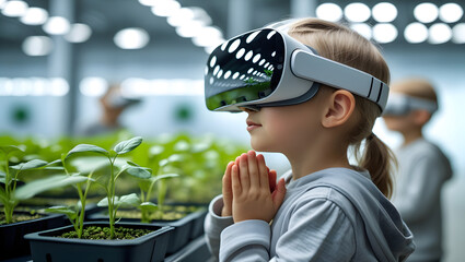Child Using VR Headset in Nature Simulation with Reflected Indoor Plants