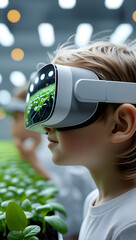 Child Using VR Headset in Nature Simulation with Reflected Indoor Plants