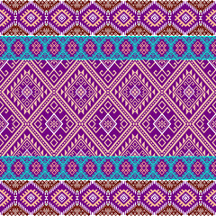 Geometric fabrics use bright and contrasting colors, with purple as the main color contrasting with blue-green and maroon. Ethnic fabrics of Southeast Asian groups are used for sewing, curtains