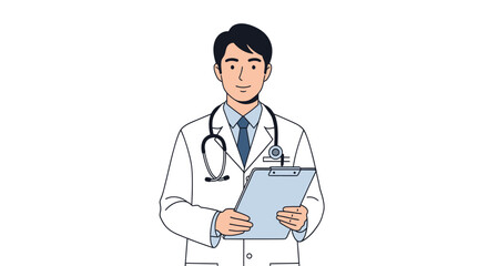 Fototapeta premium Cartoon Doctor Holding Clipboard with Stethoscope and White Coat Illustration