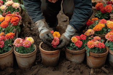 Careful Gardening With Blooming Flower In Wooden Crate: Hands Of Gardener Planting Green Seedlings In Fresh Soil Outdoors