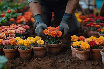 Careful Gardening With Blooming Flower In Wooden Crate: Hands Of Gardener Planting Green Seedlings In Fresh Soil Outdoors
