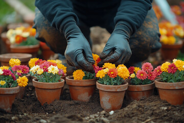 Careful Gardening With Blooming Flower In Wooden Crate: Hands Of Gardener Planting Green Seedlings In Fresh Soil Outdoors