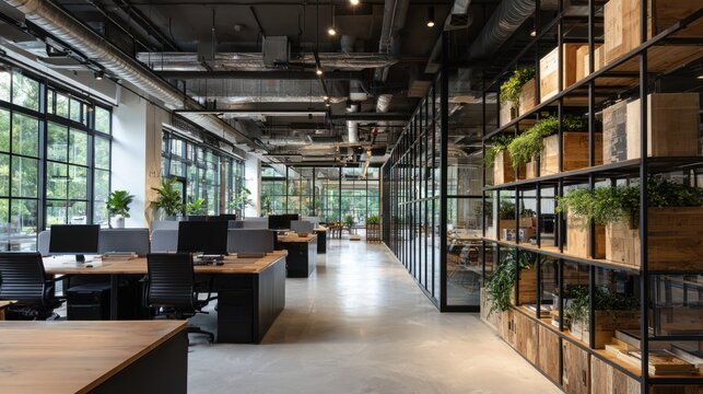 Modern office interior with glass walls, desks, chairs, and a decorative shelving unit