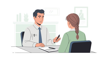 Man in Shirt and Tie Holding Pen at Desk, Meeting with Client