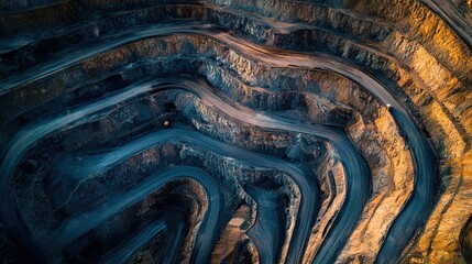 Aerial view of a multi-level open-pit mine with winding roads carved into the rocky terrain under natural light.