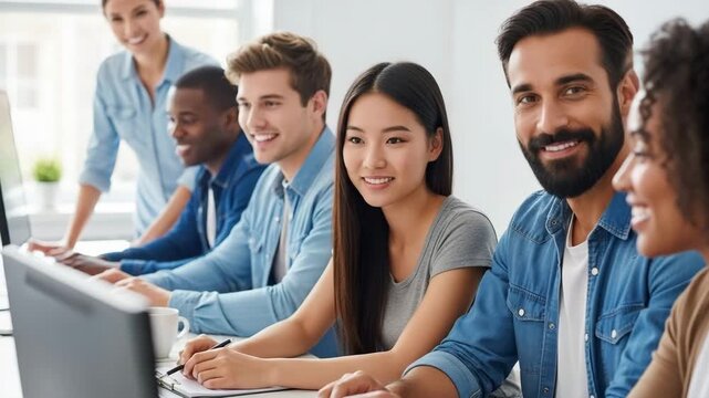 Friendly tech support team collaborates in a bright office setting while assisting clients with inquiries