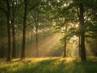 Golden sunlight streams through the trees in a misty forest creating a scenic view, highlighting the beauty of nature and tranquility.