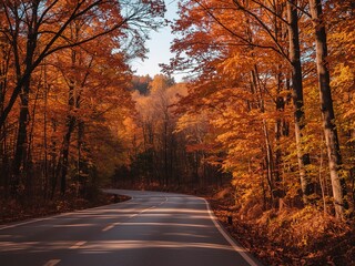 Scenic autumn road winds through a vibrant forest with orange and yellow foliage creating a picturesque seasonal landscape