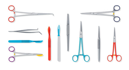 Surgical Instruments: Scalpels, Forceps, and Clamps in a Flat Lay Arrangement