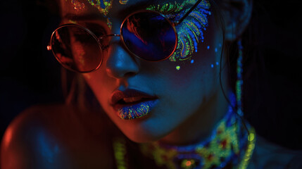 Neon-painted woman in sunglasses glowing under blacklight with vivid UV face art and dramatic shadows
