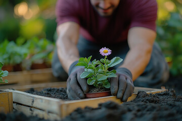 Careful Gardening With Blooming Flower In Wooden Crate: Hands Of Gardener Planting Green Seedlings In Fresh Soil Outdoors