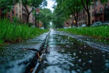 Rainy Day City Street: A Close-Up View of a Wet Curb