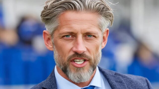 Professional man with silver hair speaks confidently at a sports event in the afternoon sunlight