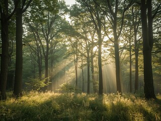 Sunbeams streaming through lush green trees create a serene and magical atmosphere in a peaceful forest environment.