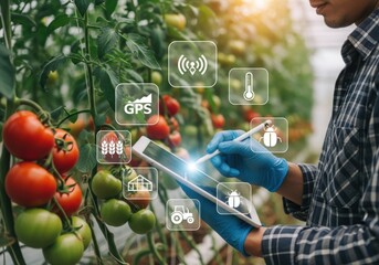 Farmer uses tablet with digital icons in greenhouse with tomatoes technology