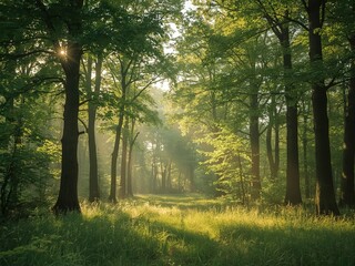 Sunbeams filter through trees creating a serene and magical atmosphere in a lush green forest at sunrise