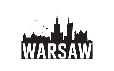 Naklejka premium Dramatic Silhouette of Warsaw Cityscape with Birds in Flight and Bold Typography Design for Souvenirs or Tourism