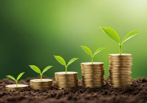 Five stacks of gold coins with green sprouts growing from them in soil money finance