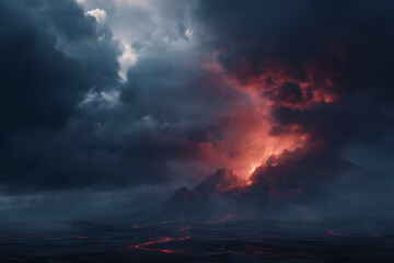 Dramatic volcanic eruption illuminates a landscape of darkness under a stormy sky. Fiery spectacle.