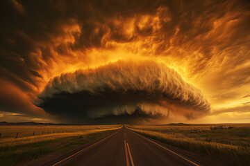 Dramatic Supercell Thunderstorm Illuminated By Fiery Sunset: Massive Spiral Cloud Formation Over Vast Rural Landscape With Intense Colors And Powerful Atmospheric Phenomenon