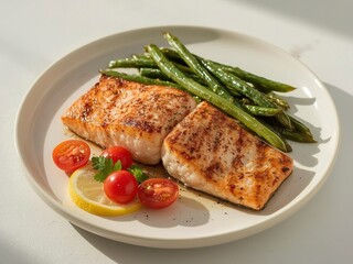 Grilled salmon fillets served with fresh green beans, cherry tomatoes and a lemon slice for a healthy lunch