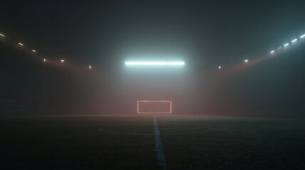 Empty soccer field at night with illuminated goal.