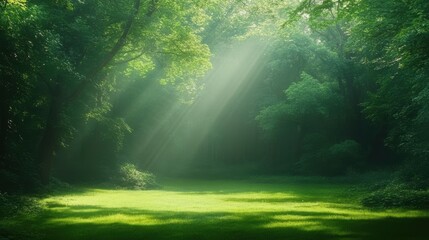 Obraz premium Sunlight streams through a lush forest