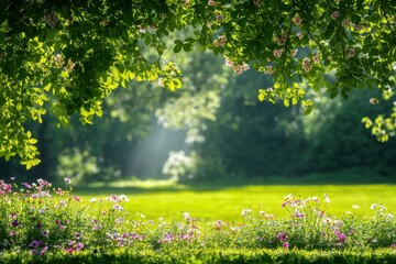 Lush green park bathed in sunlight