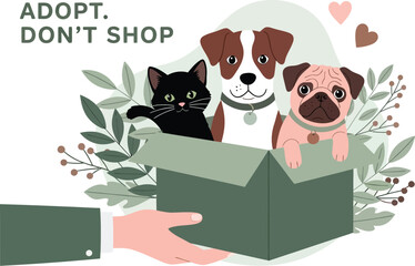 Illustration promotes pet adoption with a cute cat and dogs in a box