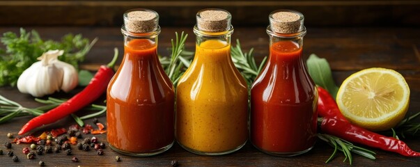 Three Gourmet Hot Sauces: Red, Yellow, and Spicy
