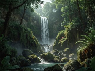 Cascading waterfall surrounded by lush green rainforest foliage and mossy rocks creates a scenic landscape.