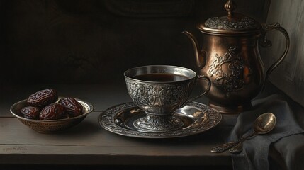 Fototapeta premium Coffee cup dates and teapot still life
